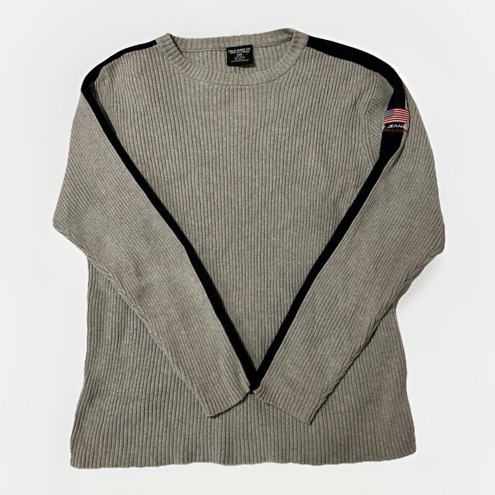 Vintage Rare Polo Jeans Co. Ralph Lauren Gray Ribbed-Knit Flag Logo - Picture 2 of 3